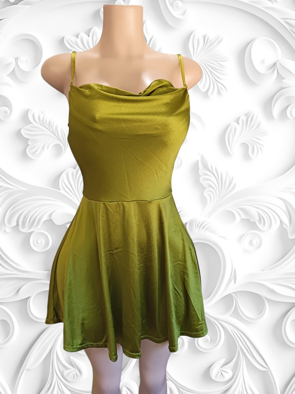 Popilush New Cowl Neck Spaghetti Strap Skater Dress in Olive Green